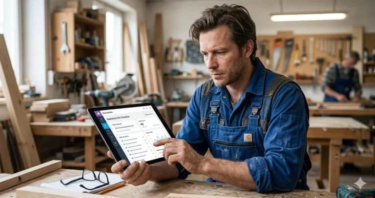 Onlinemarketing für Betriebe visualisiert durch ein Smartphone mit schwebenden digitalen Icons für Kommunikation und Handel.