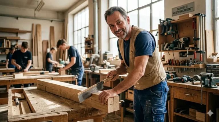 Ein Zimmermann arbeitet fokussiert in einer Meisterwerkstatt. Das Bild zeigt die Authentizität, die für eine erfolgreiche Mitarbeitergewinnung für Handwerk und KMU online nötig ist.