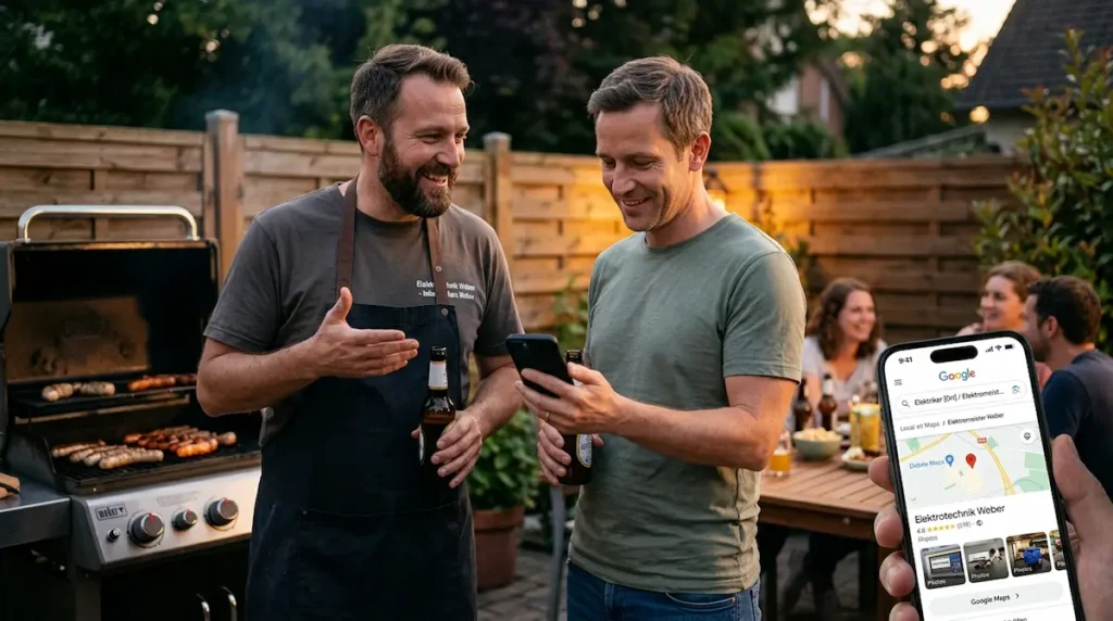 Zwei Männer beim Grillen im Garten, während einer auf dem Smartphone nach einem empfohlenen Handwerksbetrieb bei Google sucht.