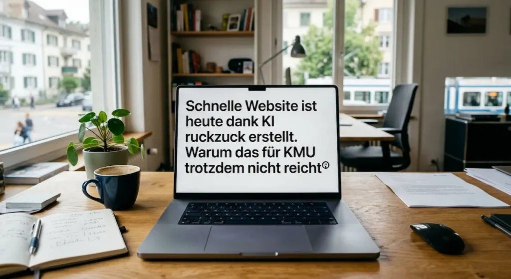 Ein Laptop auf einem Schreibtisch in einem hellen Büro zeigt auf dem Bildschirm den deutschen Text: "Schnelle Website ist heute dank KI ruckzuck erstellt. Warum das für KMU trotzdem nicht reicht". Daneben stehen eine Kaffeetasse, eine Pflanze und ein Notizblock.
