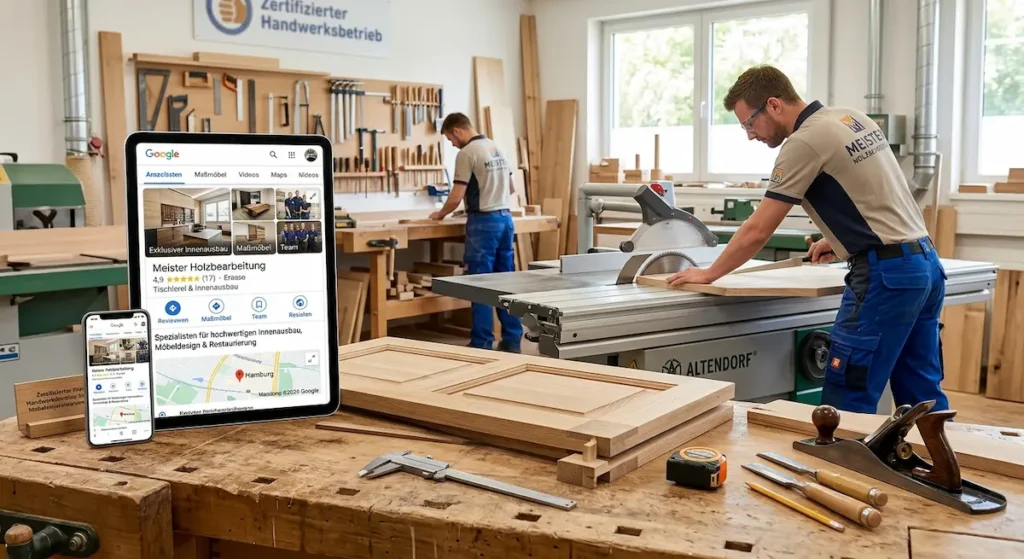 Ein optimiertes Google Unternehmensprofil für einen Handwerksbetrieb wird auf einem Tablet und Smartphone präsentiert, während im Hintergrund ein Schreiner an einer Säge in der Holzwerkstatt arbeitet.