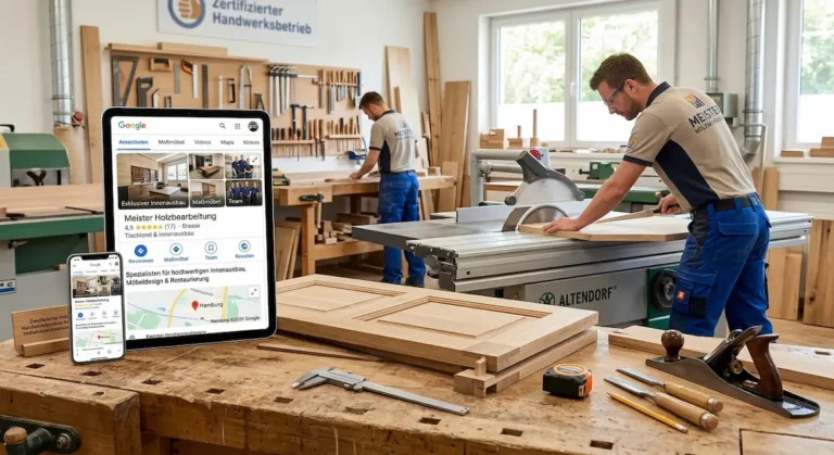 Ein optimiertes Google Unternehmensprofil für einen Handwerksbetrieb wird auf einem Tablet und Smartphone präsentiert, während im Hintergrund ein Schreiner an einer Säge in der Holzwerkstatt arbeitet.