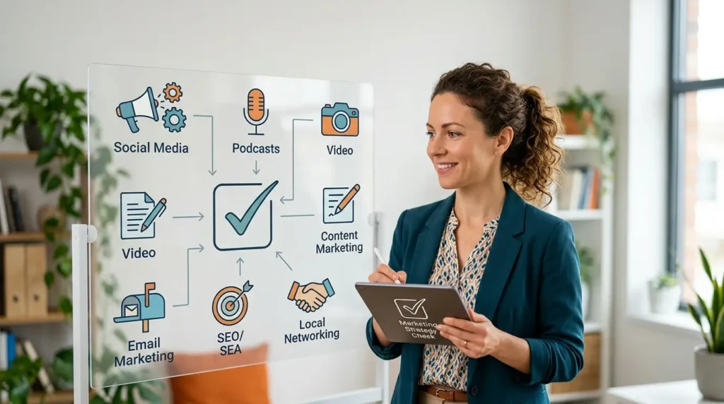 Eine lächelnde Marketing-Expertin mit Tablet steht neben einer transparenten Tafel, auf der eine Checkliste mit verschiedenen Marketing-Kanälen wie Social Media, SEO und Video für KMU zu sehen ist.